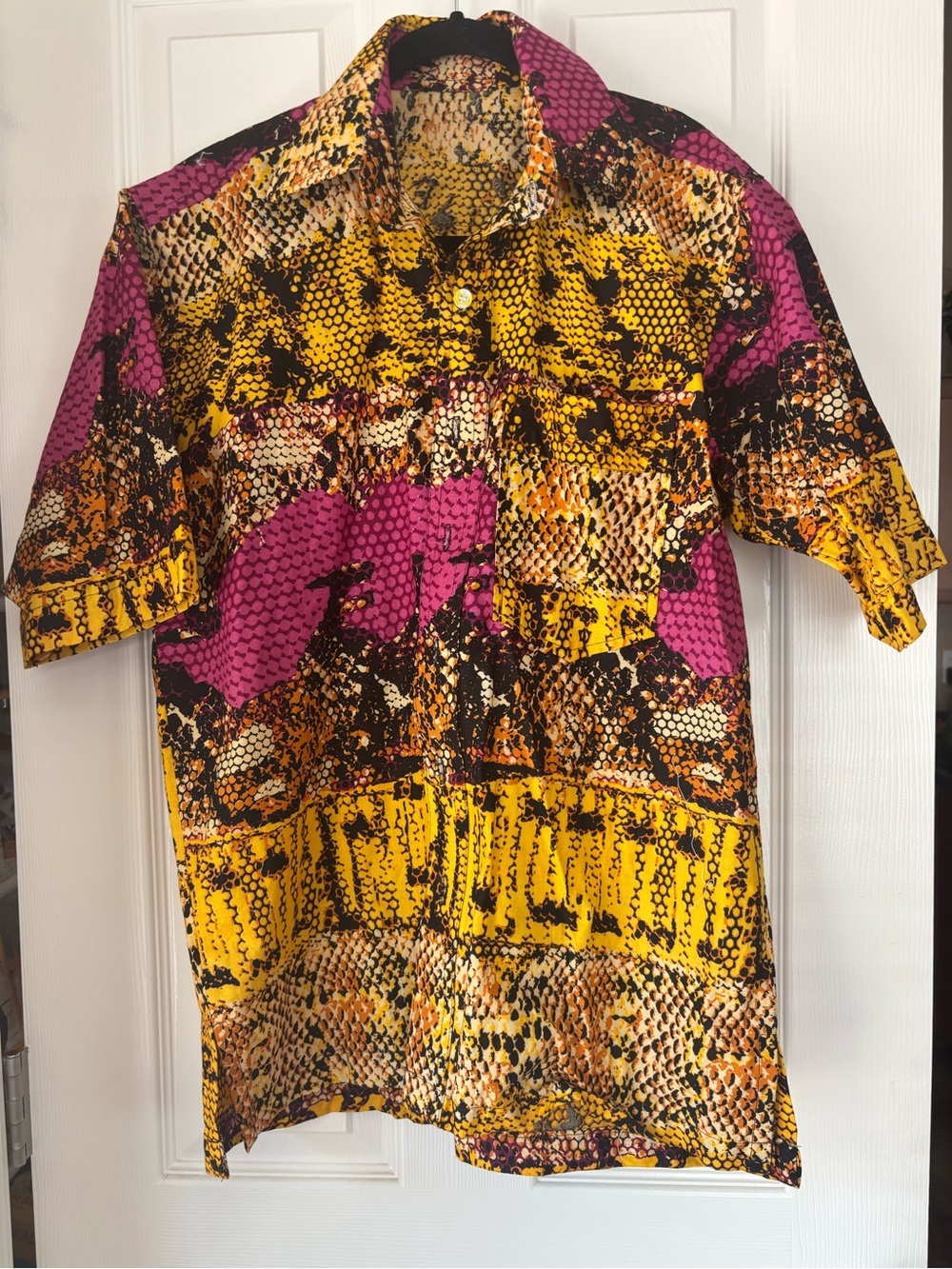 Shirt Short Sleeve, Button Up Shirt, with Colorful, Patchwork Animal Print.